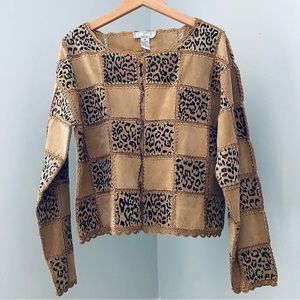 Vtg Boho Leather Shacket Jacket Crochet Patchwork Scalloped Hem Tan Leopard Sz M